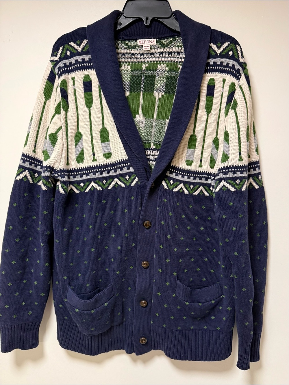 Merona Navy & Green Nautical Shawl Collar Men’s Cardigan Sweater XL Campcore